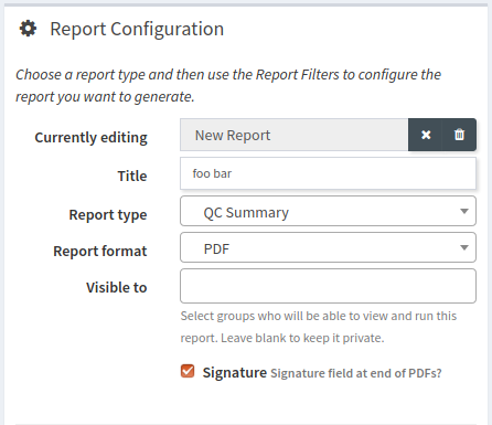 Configuration options for a new report.