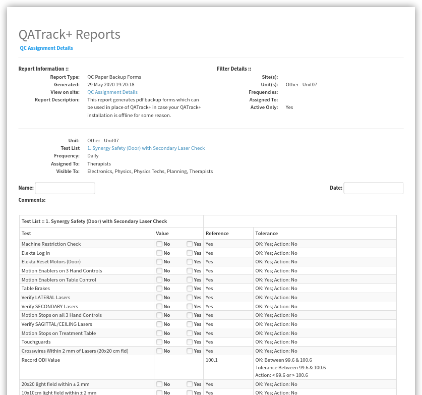 An example QC Paper Backup Forms Report