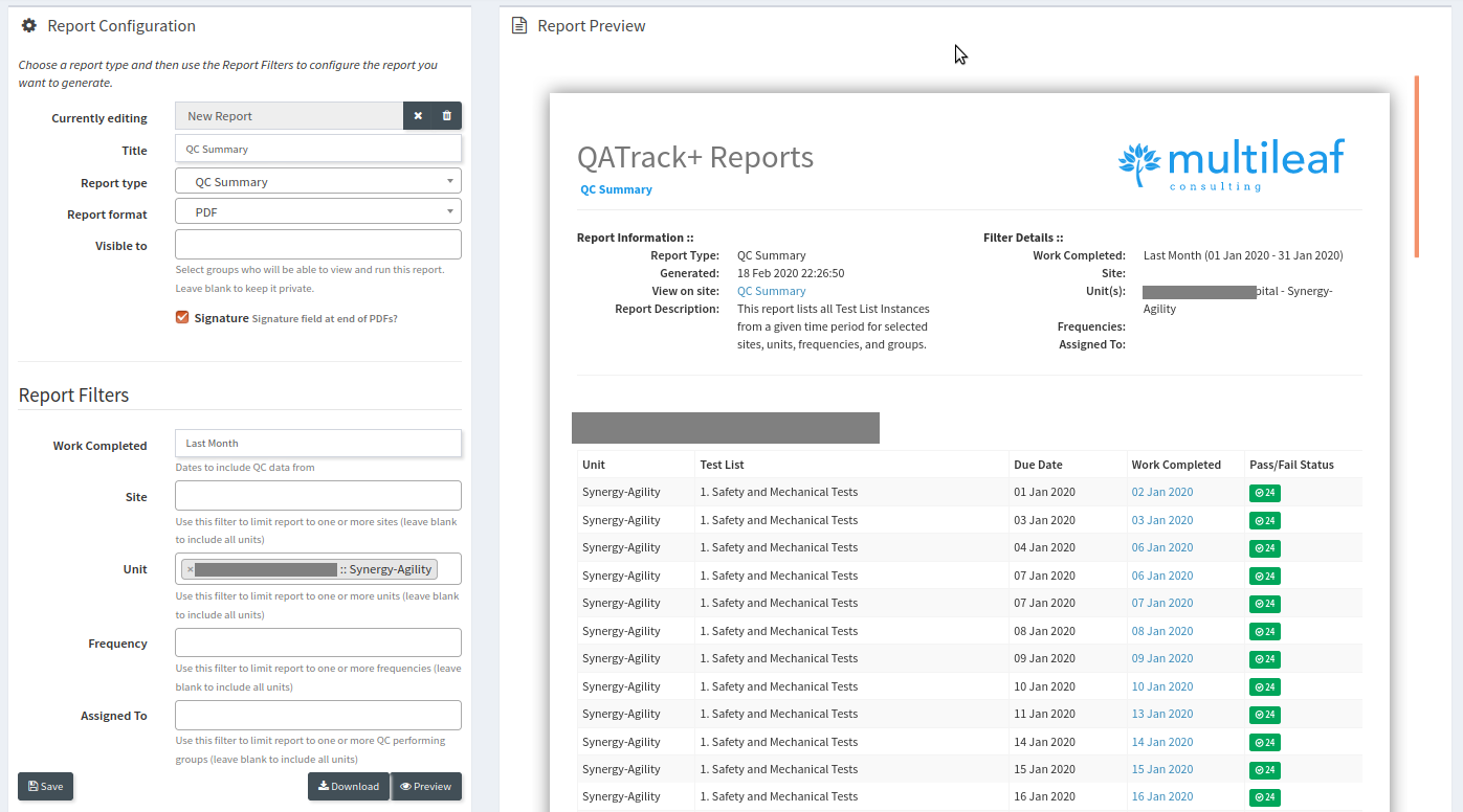 Screenshot of report generating interface