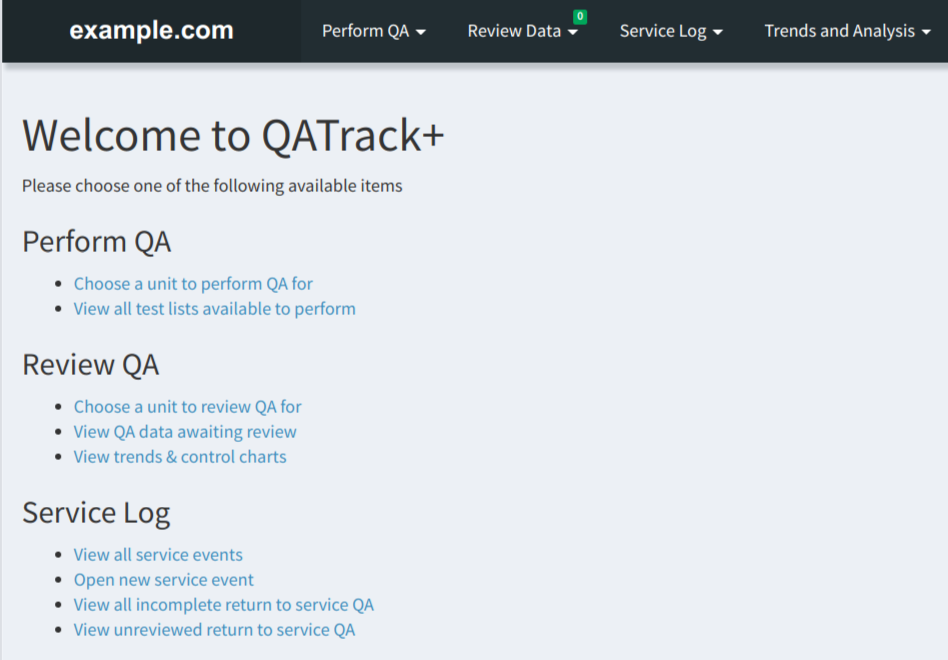 QATrack+ home screen