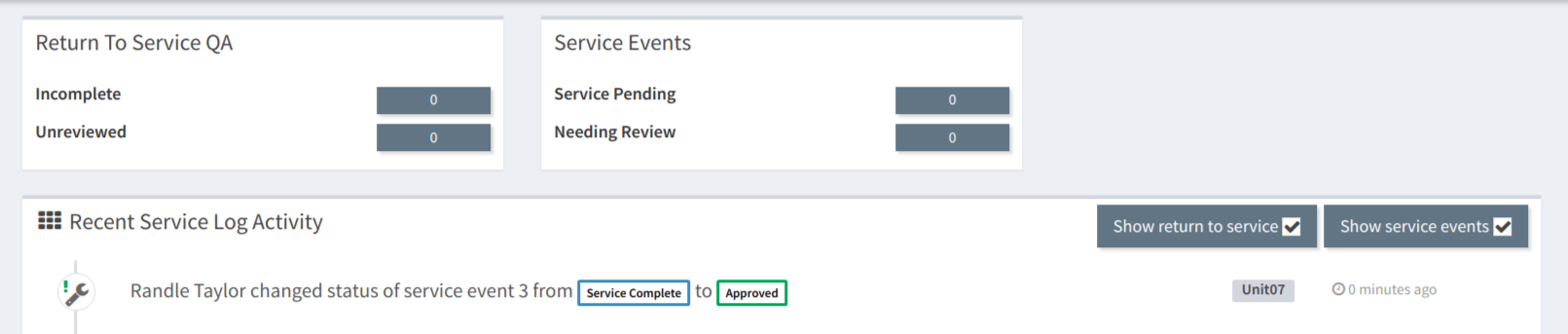 Dashboard after Service Event reviewed and approved