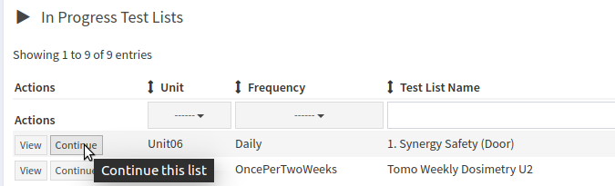 Continue an in progress test list