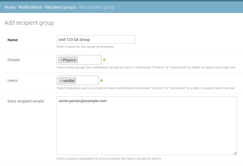 Filling out the fields for a recipient group.