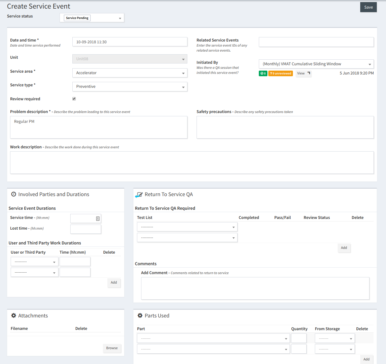 Screenshot of entering a new Service Event
