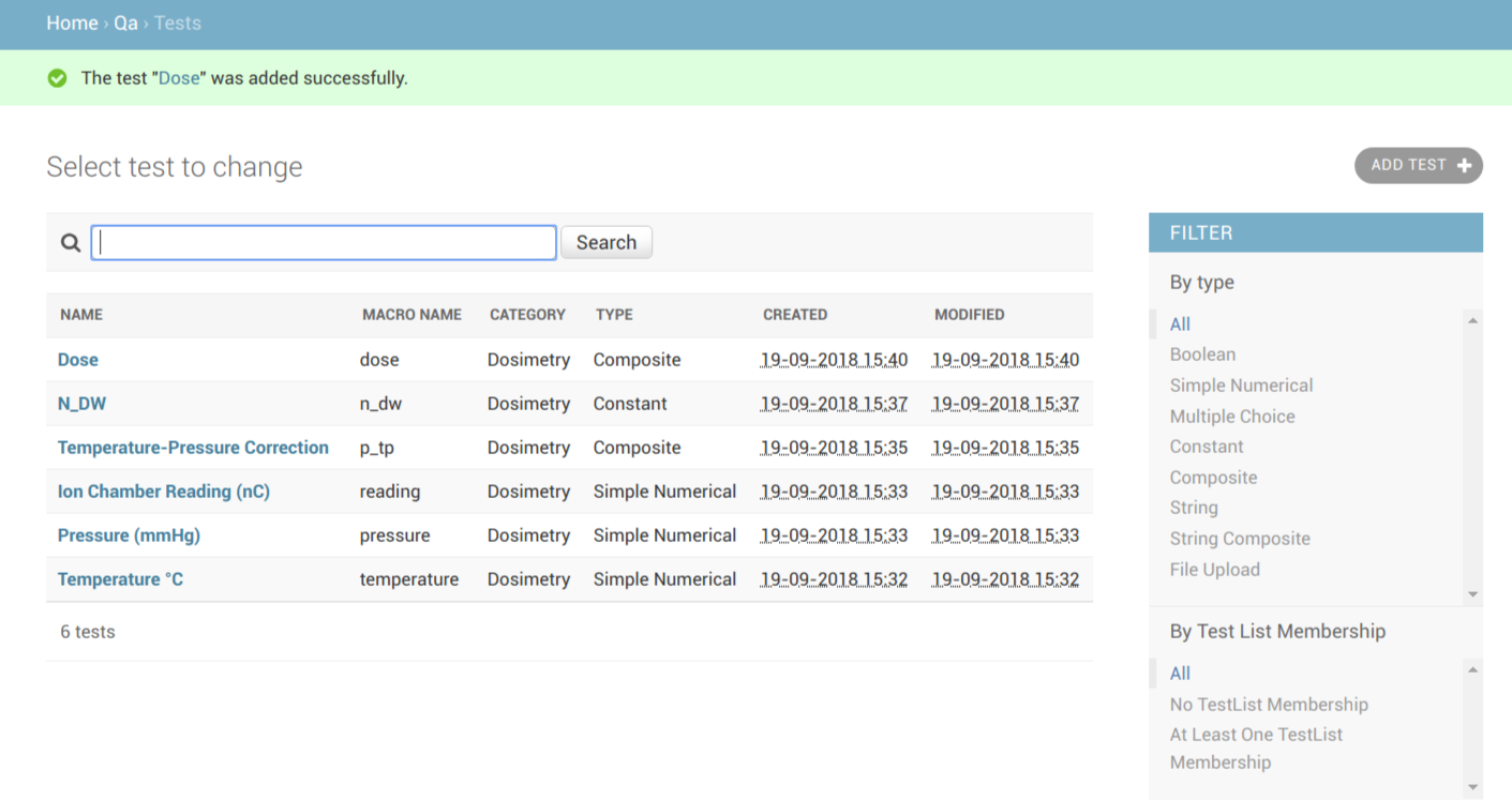 Test listings for dose calculations