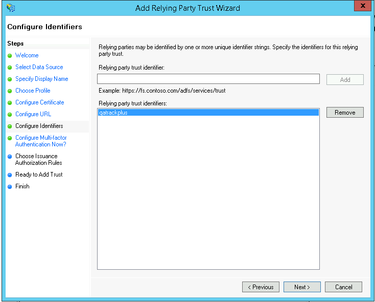 Set the relying party trust identifier to `qatrackplus`