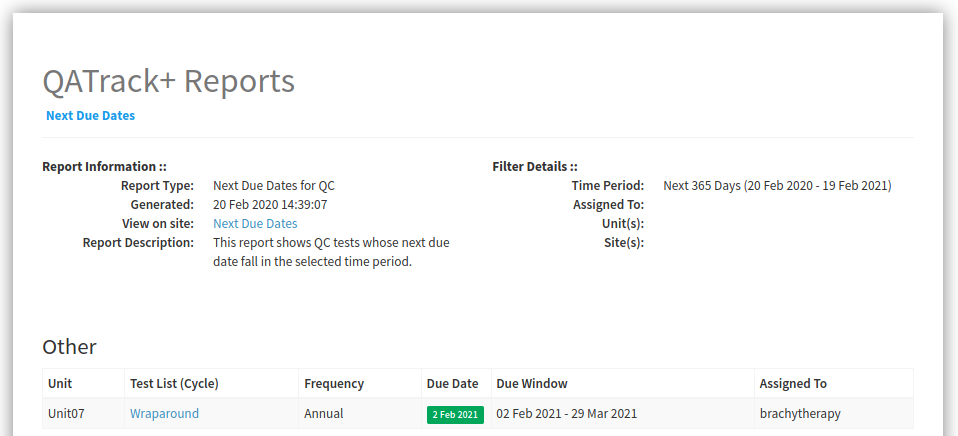 An example Next Due Dates report
