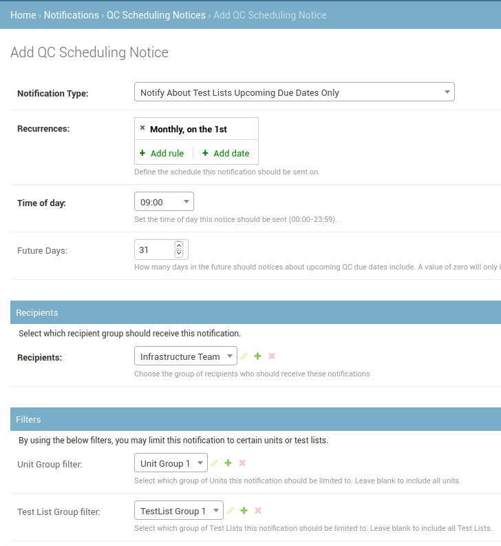 Filling out the fields for a QC Scheduling notice to be sent on the first of the month.
