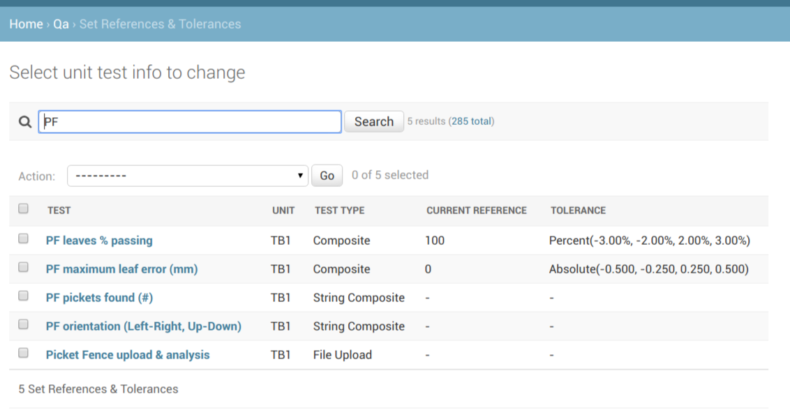 References and Tolerances for Picket Fence test