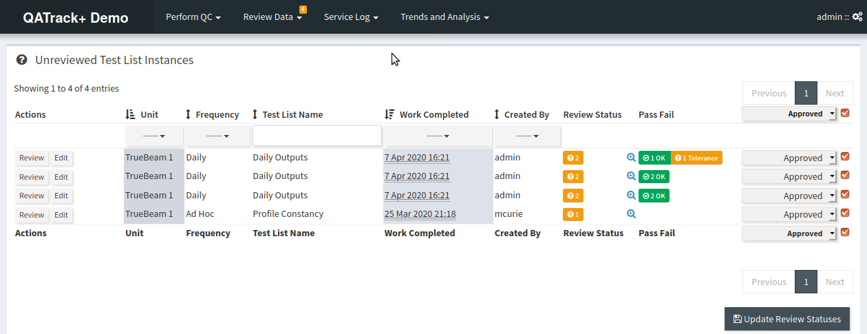 Updating test list instance test statuses