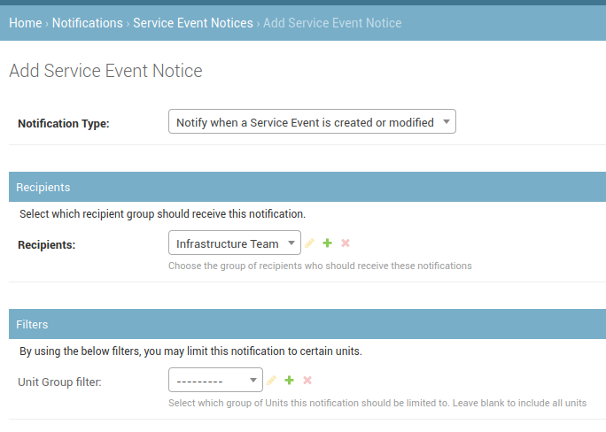 Filling out the fields for a Service Event notice.