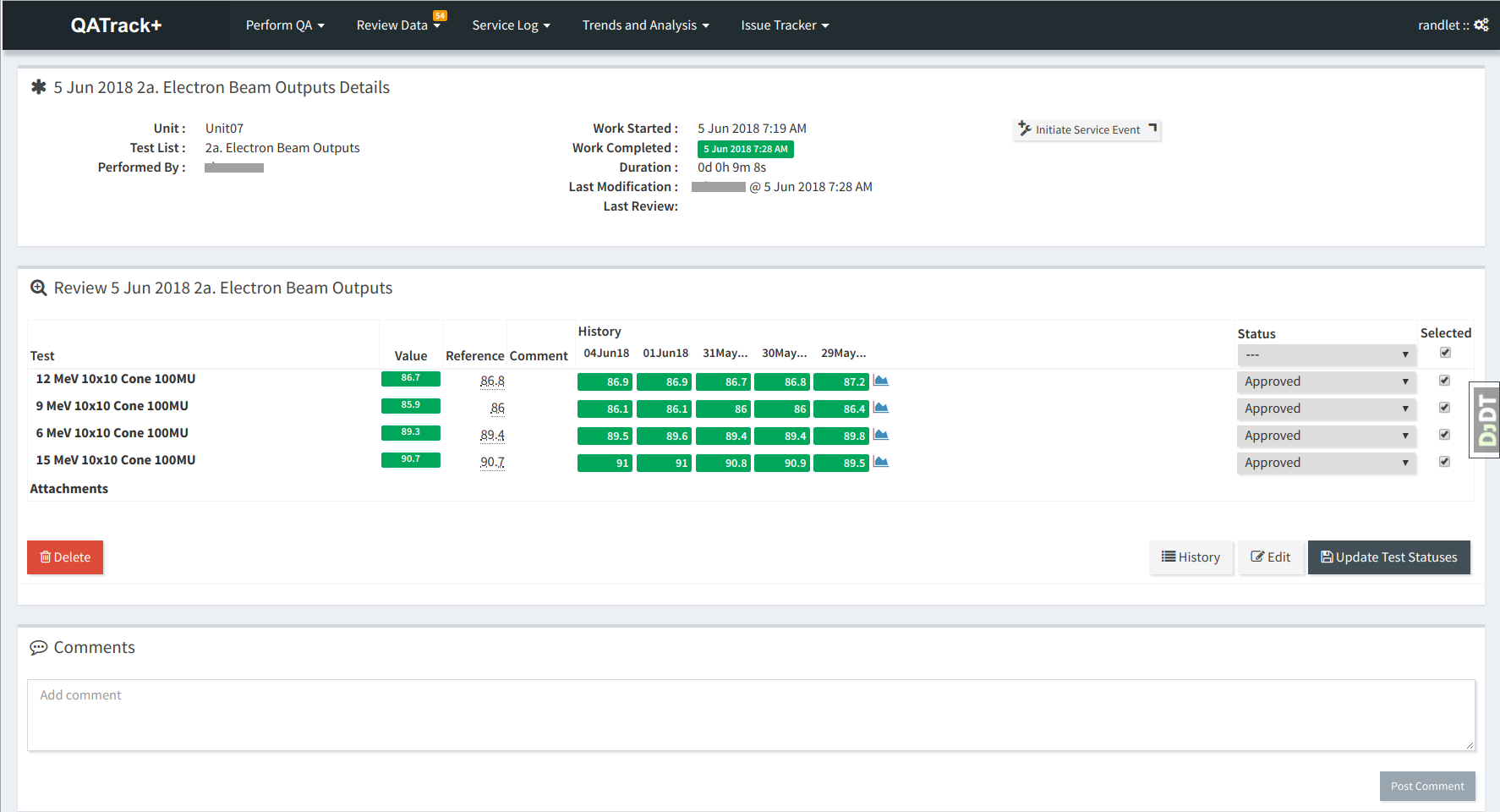Screenshot of reviewing a test list
