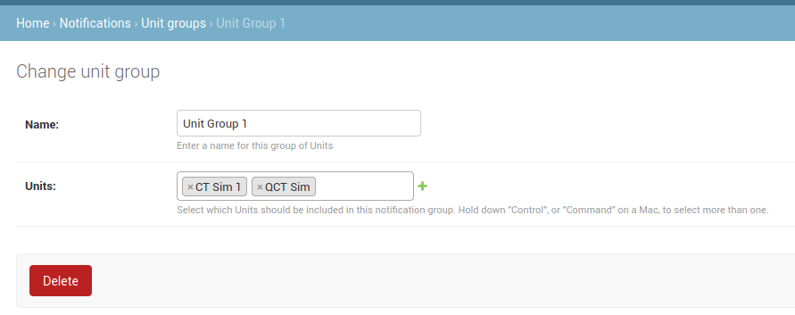 Filling out the fields for a Unit group.
