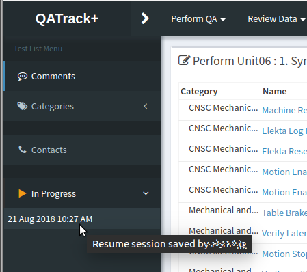 Continue an in progress test list from the sidebar