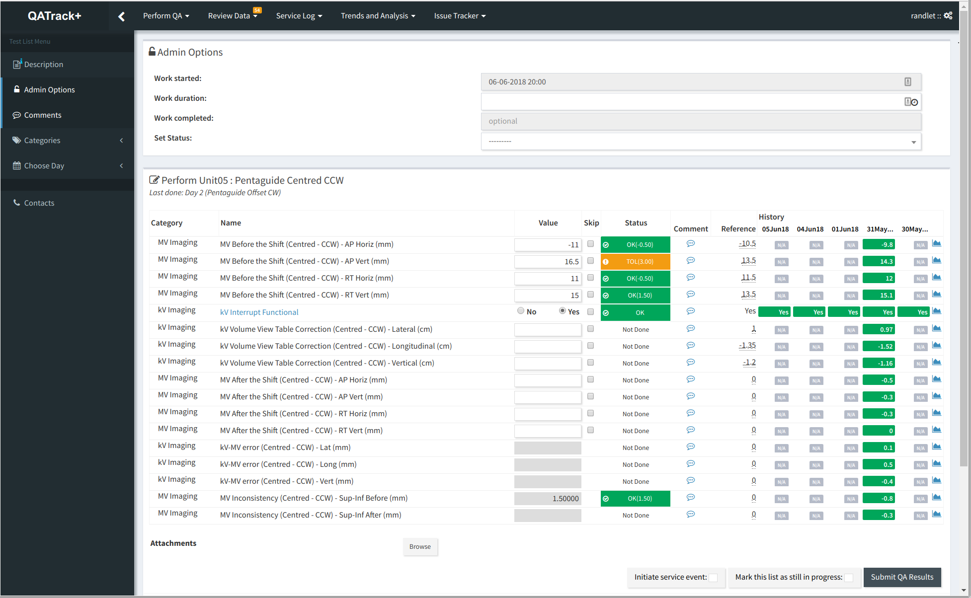 Example interface for performing QC