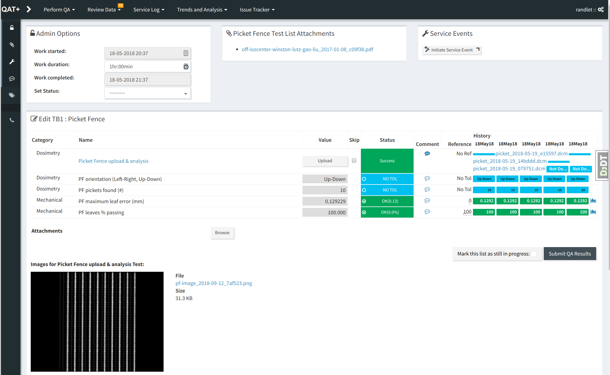 Picket fence analysis using QATrack+ and pylinac