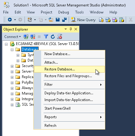 Restore database menu