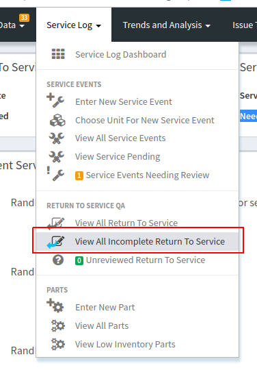 Return To Service Menu