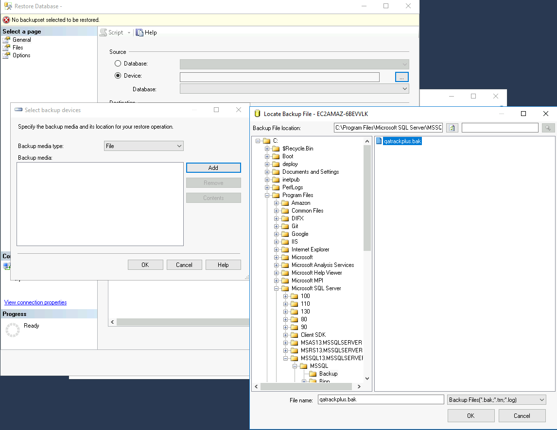 Selecting the database restore file