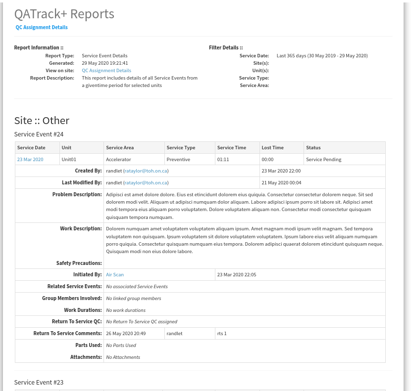 An example Service Event Details report