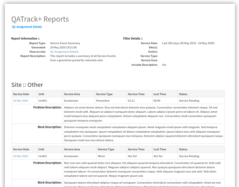 An example Service Event Summary report