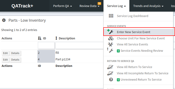 Service Log menu