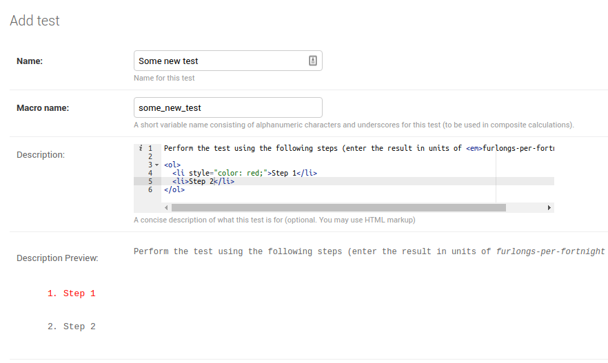 Test description definition