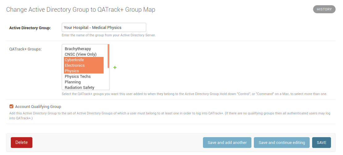 Creating a group mapping from Active Directory Groups to QATrack+ Groups