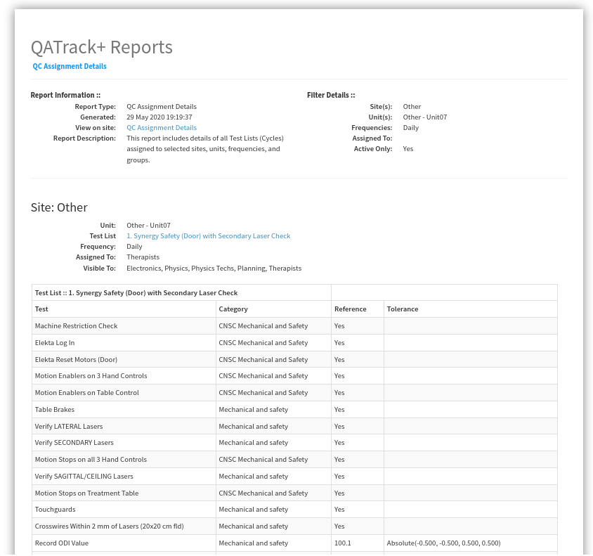 An example QC Assignment Details report
