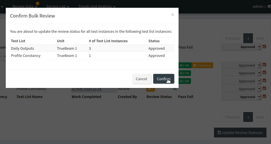 Confirm that you want to update the test list instance review statuses in bulk