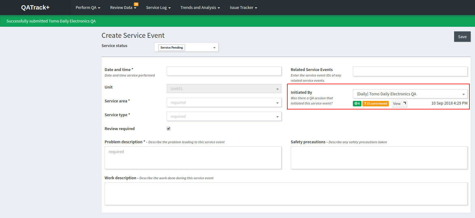 Service Event Initialized by a Test List Instance