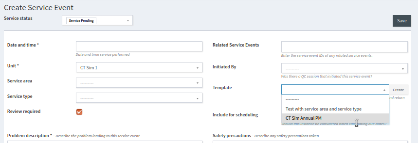 Selecting a service event template