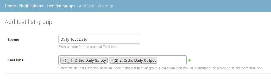 Filling out the fields for a Test List group.