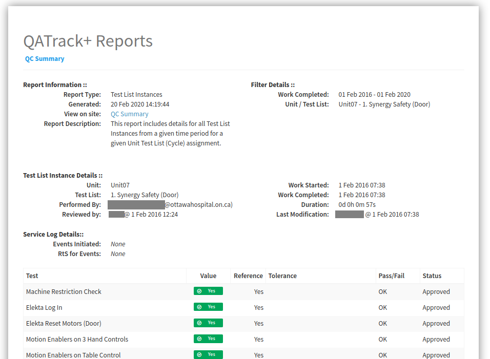 An example Test List Instance Details report