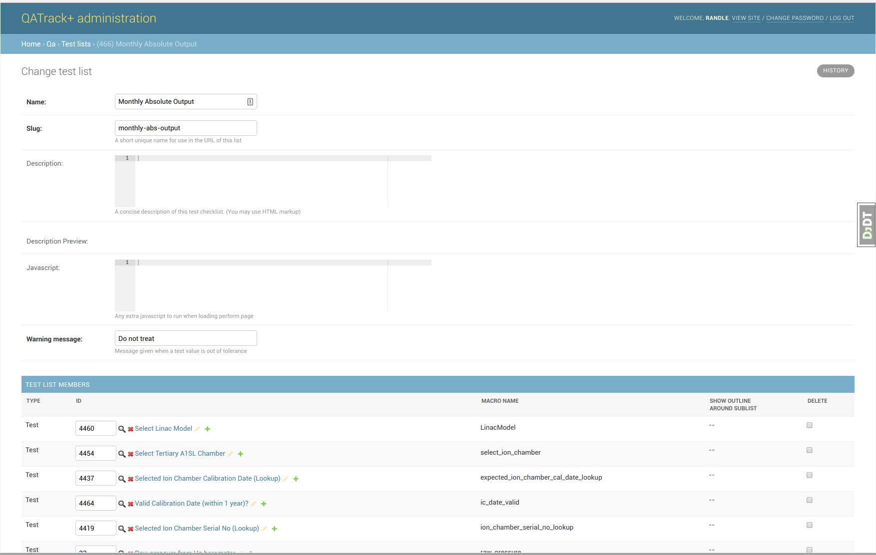 Screenshot of the admin interface for defining a test list