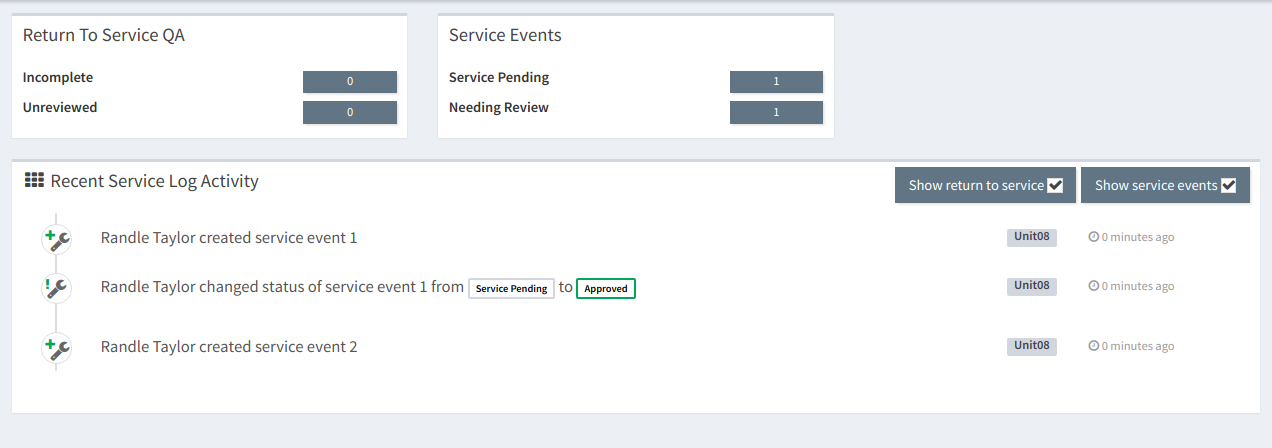 Screenshot of the service log dashboard