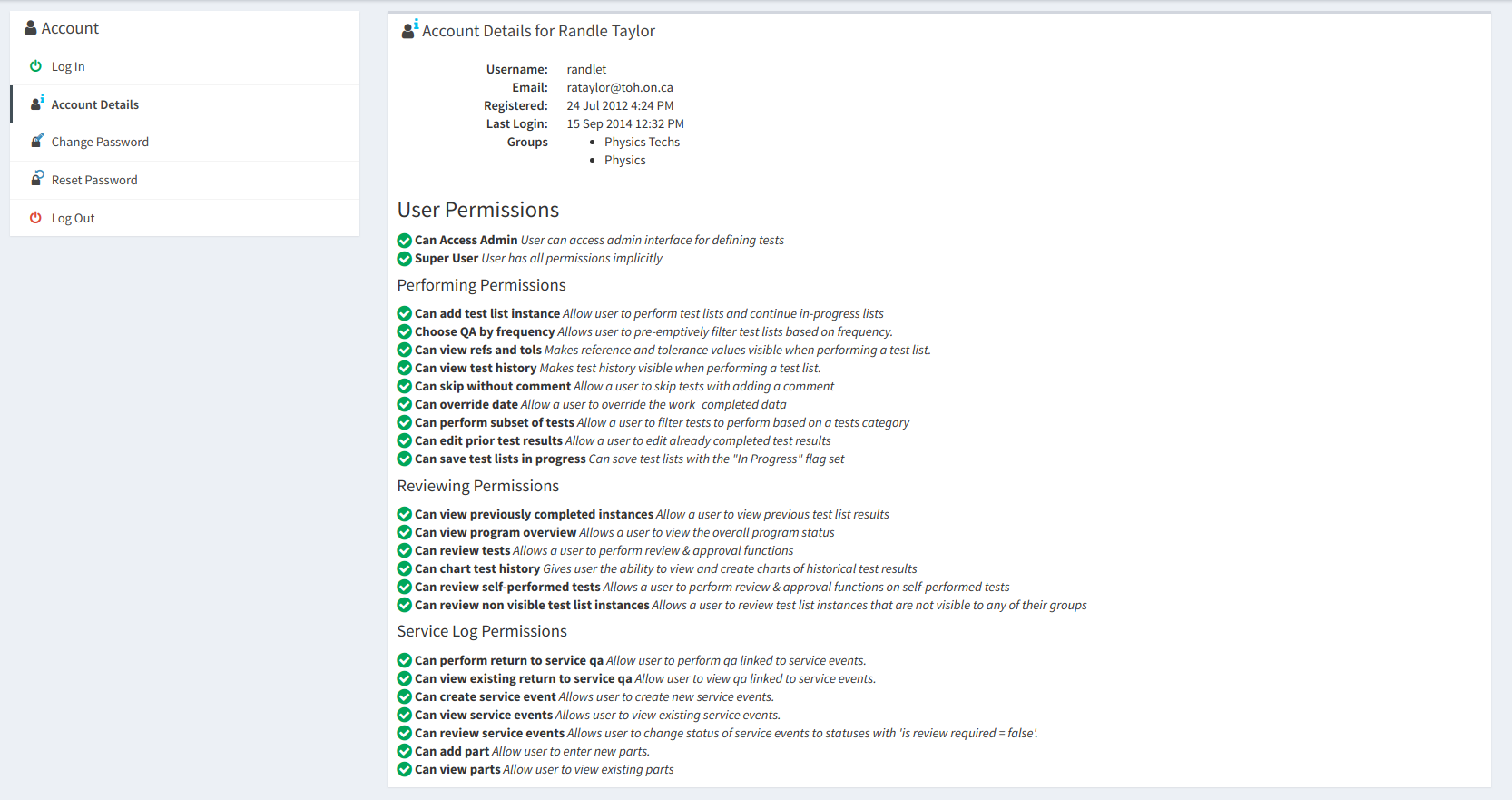 Screenshot of the account details page