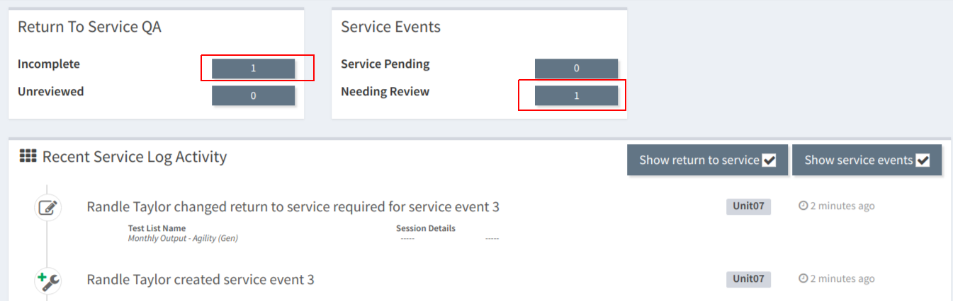 Service log dashboard