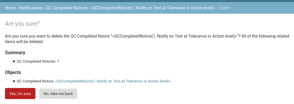 Notification delete confirmation button