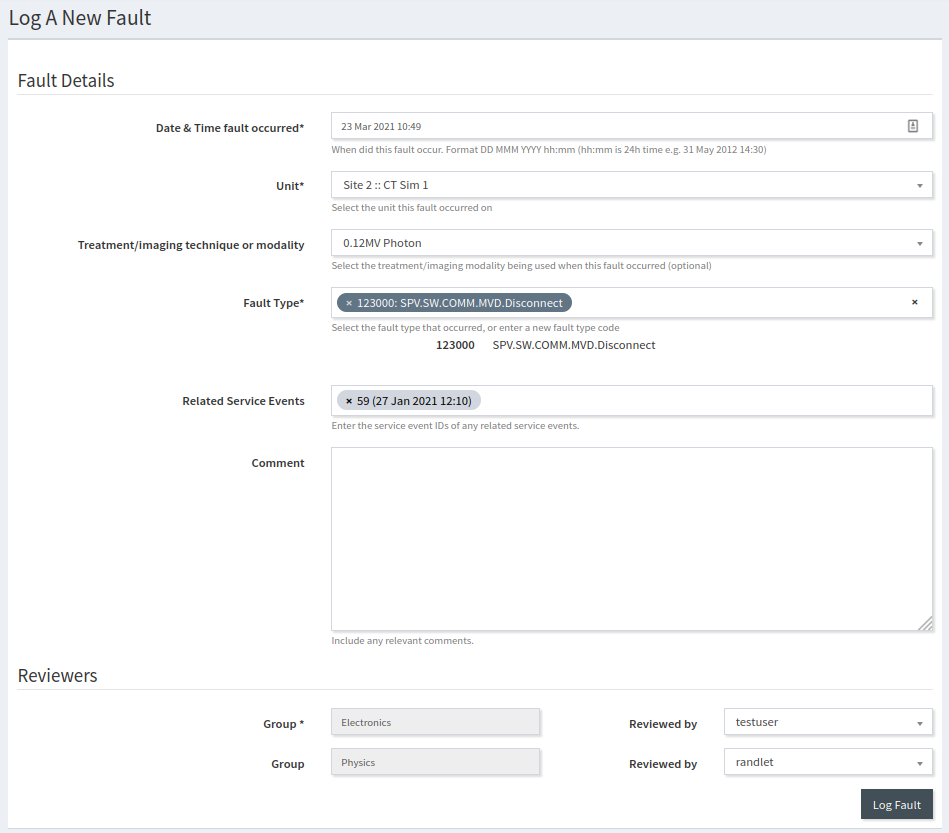 Logging a fault with reviewers