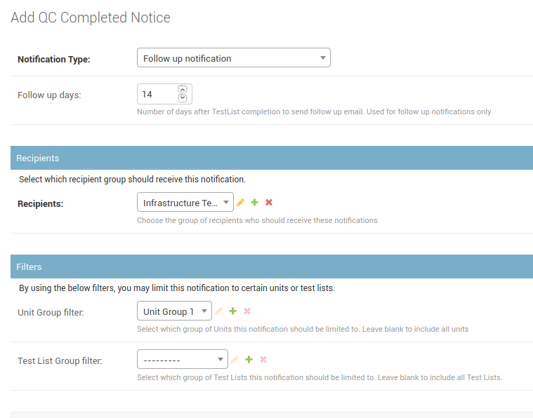 Filling out the fields for a QC Completed notice.