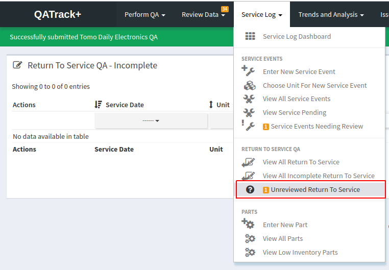 Return To Service RTS QC Review Menu