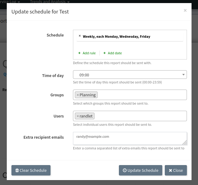 Setting the schedule and recipients for a report.