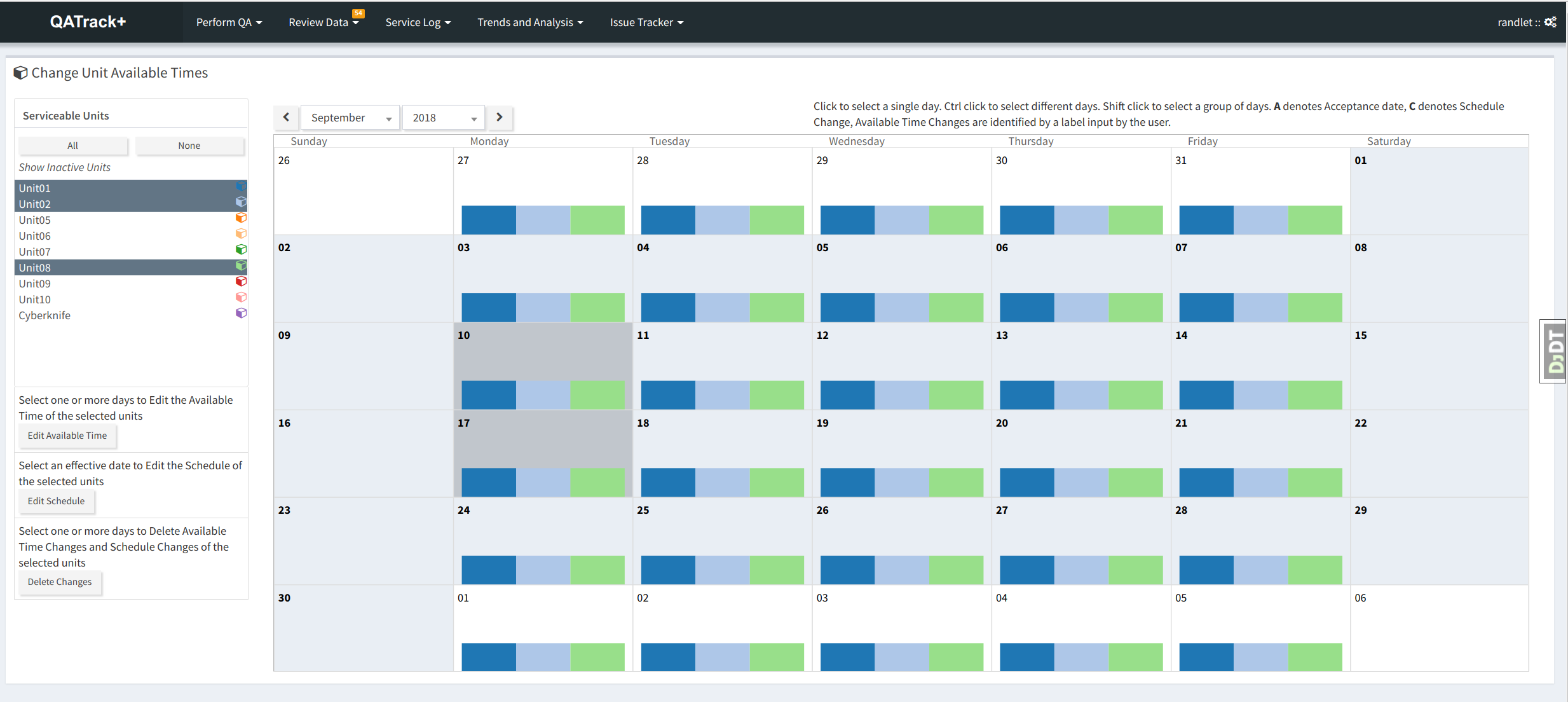 Selecting days on the calendar