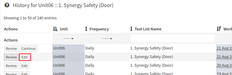Test list history page